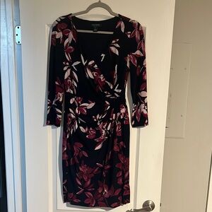 RALPH LAUREN Navy and Pink Sheath Dress V-Neck 3/4 Sleeve